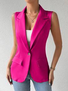 Ellegaria. Women's Spring Summer Sleeveless Blazer Jacket With One-Button Closure And Lapel Collar - Hot Pink - View 3