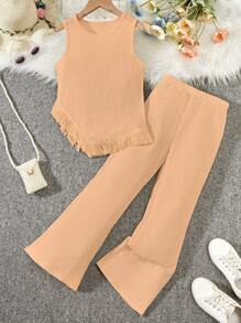 Conjunto de 2 piezas de top de tirantes con borlas y pantalones largos cómodos para adolescentes - Naranja - Ver 1