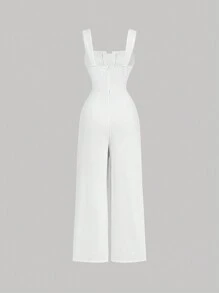 SHEIN X ELOISA & ORSON SHEIN MOD Mono de punto blanco largo con escote en V y tirantes para mujer, mono blanco sin mangas ribeteado para mujer, ropa de vuelta al colegio, conjuntos de preppy, conjuntos de otoño, falda caqui, conjuntos para salir, conjuntos vintage, ropa de trabajo, ropa casual de oficina para mujer