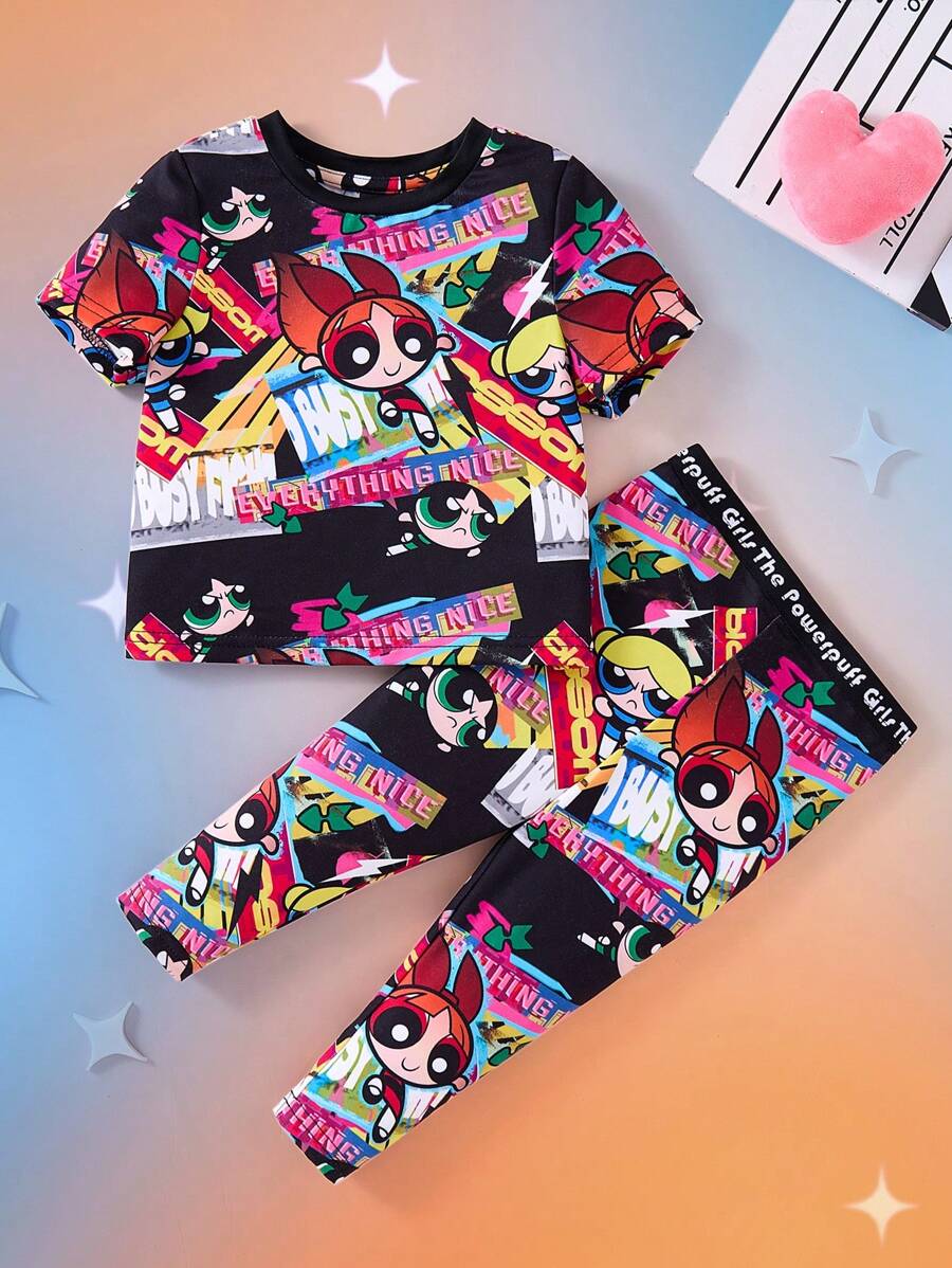 THE POWERPUFF GIRLS X SHEIN 女婴卡通酷炫“花朵、泡泡、毛茛”图案短袖上衣和紧身裤黑色 2 件套 - 彩色 - 查看 1