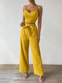 Breezaya 女式杯型肩帶背心上衣搭配蝴蝶結，彈性腰直筒褲，2入組海灘度假套裝 - 黃色 - 查看 8