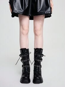 ROMWE Grunge Punk Giày bốt cao gót đế dày mũi kín phong cách Rock Punk Châu Âu & Mỹ màu đen có dây buộc, khóa thắt lưng, đế xuồng dành cho nữ, phong cách Gothic, thời trang đường phố, đinh tán, dài đến giữa bắp chân, Halloween mùa thu - màu đen - Xem 3