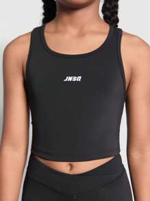 SHEIN Tween 女童针织纯色字母印花背心和喇叭裤运动套装 - 黑色 - 查看 5