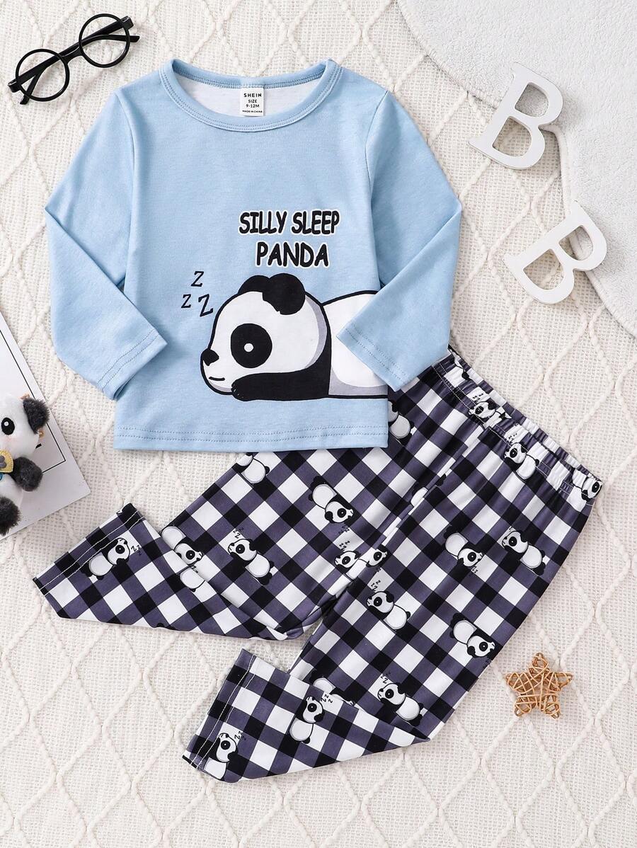 2 件装婴儿男童休闲熊猫印花长袖上衣和格子熊猫印花裤睡衣套装，适合圣诞节 - 藍色 - 查看 1