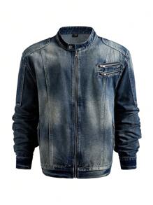 Manfinity Roughcore Plus Size Men Navy Zip-Up Denim Long Sleeve Shirt And Ruched Pocketed Denim Pants Motorcycle Suit - Dark Wash - View 3
