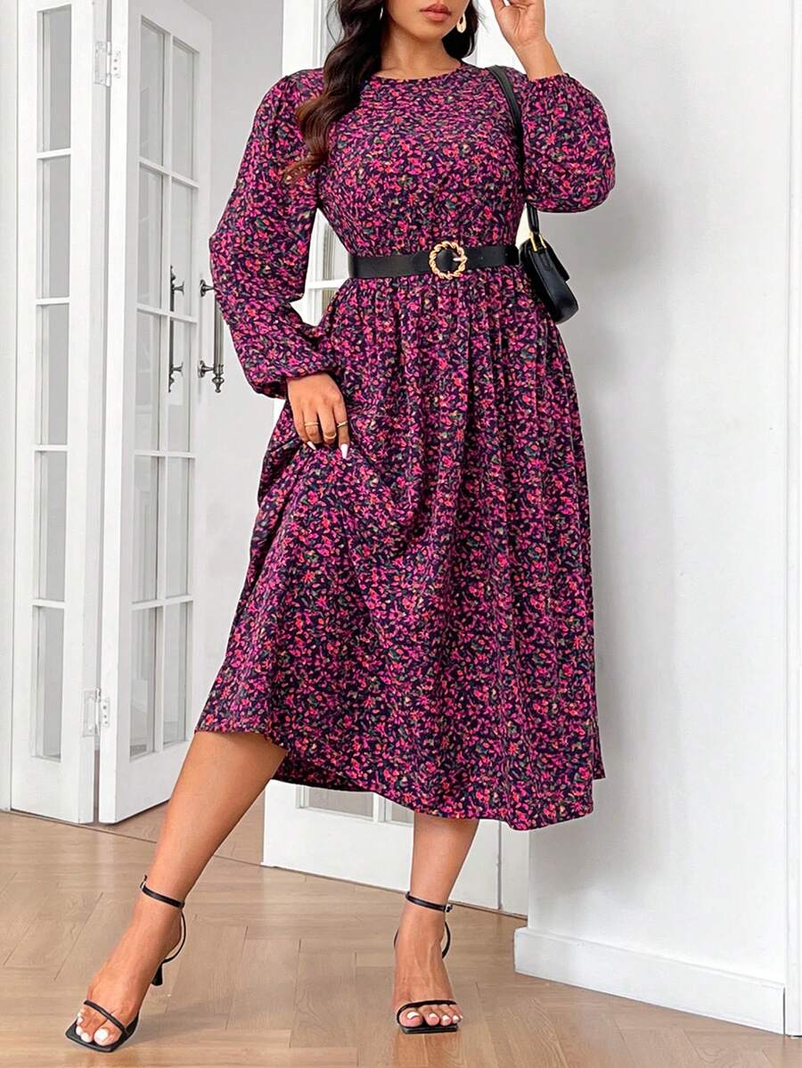SHEIN Frenchy Plus Size Women's Tea Party, Homecoming, Fall Women's Long Sleeve Dresses, Long Dresses, Fall Clothes, Bridgerton Style, Ditsy Floral Crew Neck Long Sleeve Dress,Beach Dress Sundress,Holiday Outfits Boho