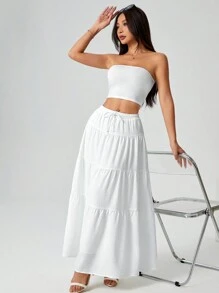 SHEIN PETITE 女士白色针织上衣+编织长裙两件套