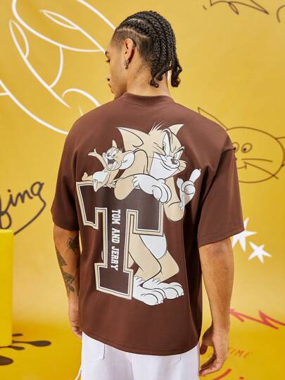 TOM & JERRY X SHEIN Camiseta suelta unisex de estilo casual con estampado de dibujos animados y letras, camiseta gráfica de verano