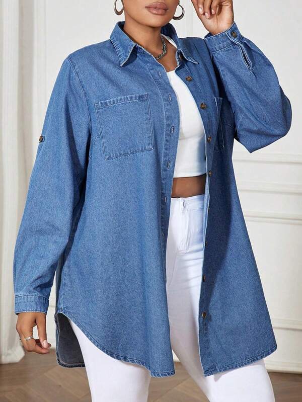 SHEIN Lady Blue Plus Size Denim Dress Casual Loose Long Sleeve Shirt Dress Casual And Comfortable