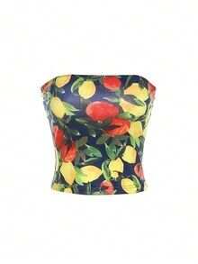 Fruit Print Sleeveless Crop Top, Summer - Yellow - View 4