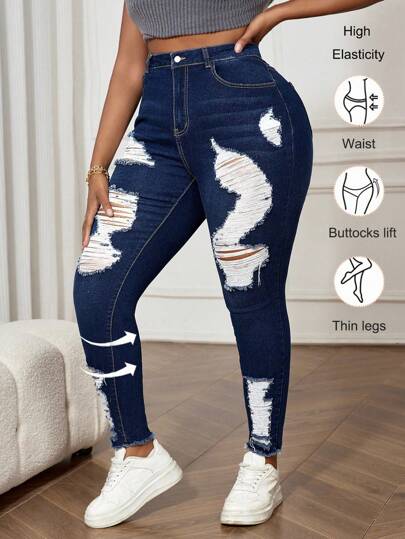 Slaydiva Blue Plus Size Jeans Casual Skinny Stretch Ripped Tights