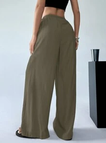 SHEIN EZwear 女式纯色前系带口袋简约休闲裤 - 軍綠色 - 查看 2