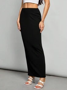 SHEIN Tall Women's Solid Color Casual Knitted High Waist Skirt
