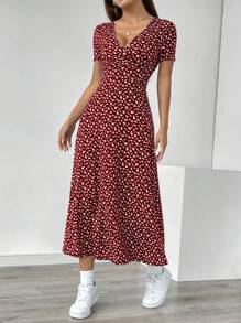 SHEIN Unity Ladies' V-Neck Ditsy Floral Short Sleeve Casual Summer Dress (Random Cut) Maxi Women Outfit - Multicolor - View 4