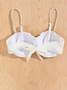 1 件装女士纯色仿珍珠装饰弧形边缘时尚比基尼上衣夏季 - 白色 - 查看 5
