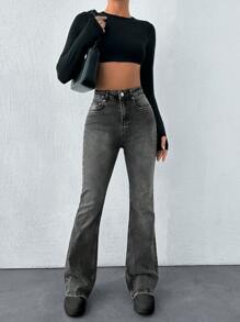 RueChic 高腰休閒修身喇叭牛仔褲 - 灰色 - 查看 4