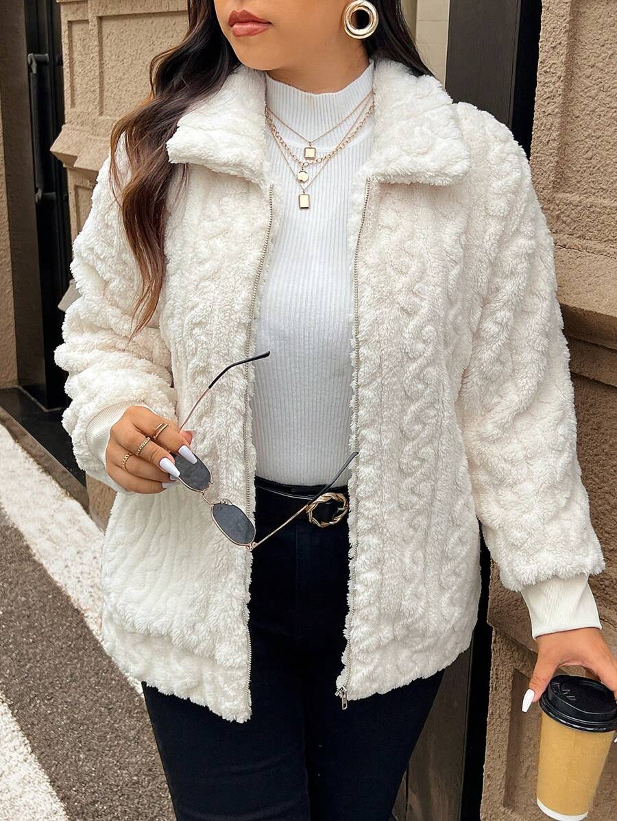 SHEIN Frenchy 大码女式休闲简约蓬松长袖夹克,冬装 - 米色 - 查看 1