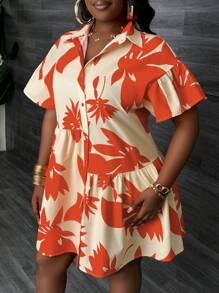 Slaydiva 大码女式休闲花卉印花不对称下摆短袖 A 字形连衣裙 - 橘色 - 查看 5