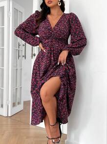 SHEIN Frenchy Abito casual floreale con maniche a lanterna, taglia curvy, adatto per la primavera e l'autunno, abiti da donna eleganti per l'estate