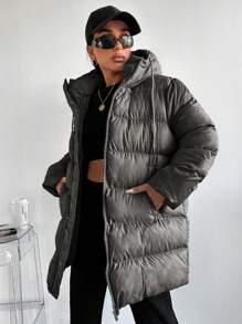 RueChic Zip Up Drawstring Hooded Puffer Coat - Black - View 4