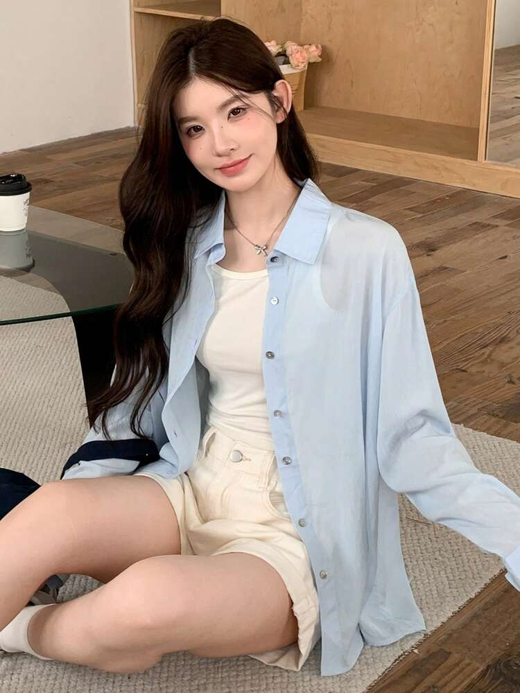 Women's Solid Color Minimal Long Sleeve Button Down Shirt