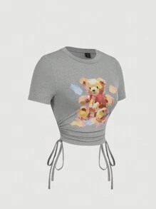 SHEIN MOD 女士可爱图案短袖 T 恤，腰部抽绳系带蝴蝶结，粉色和米色油画风格可爱熊腰带松紧带，有趣的米色，舒适的夏季 T 恤 - 灰色 - 查看 6