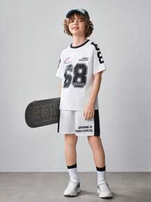 SHEIN Conjunto de 2 piezas para niño preadolescente con camiseta de manga corta con estampado gráfico holgada informal y pantalones cortos