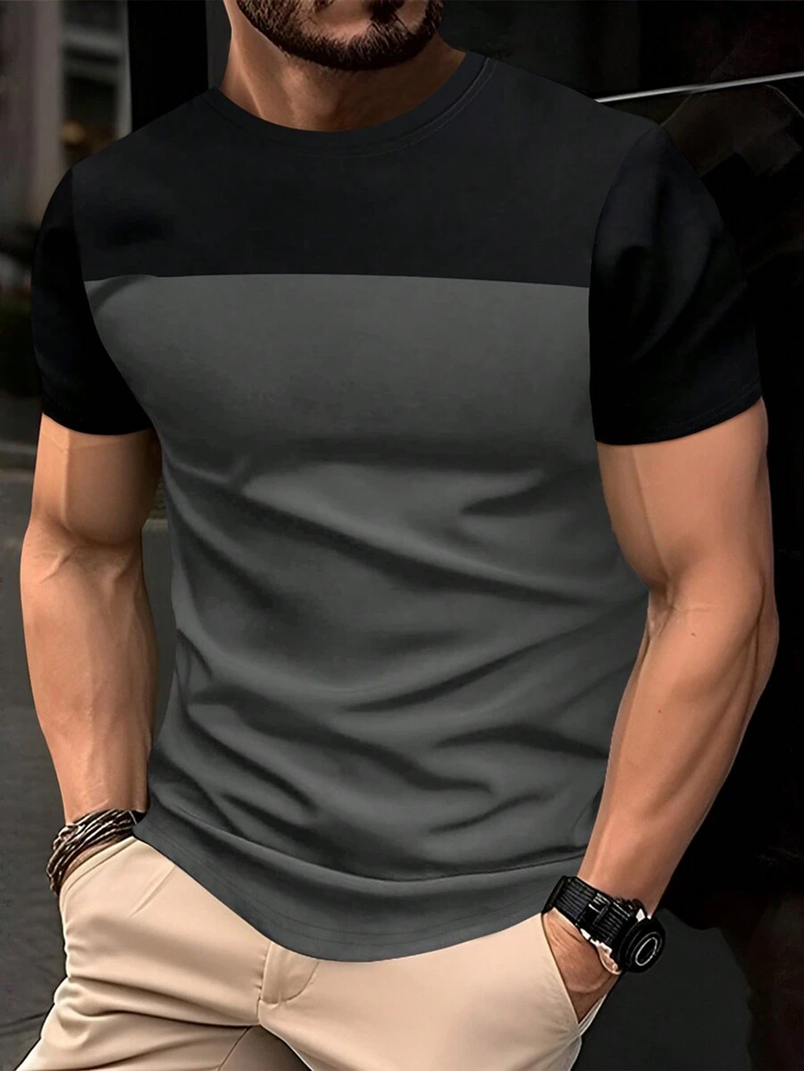 Manfinity Homme Áo thun nam vừa vặn cổ tròn tay ngắn thường ngày mùa hè Polyester - Màu xám đen - Xem 1