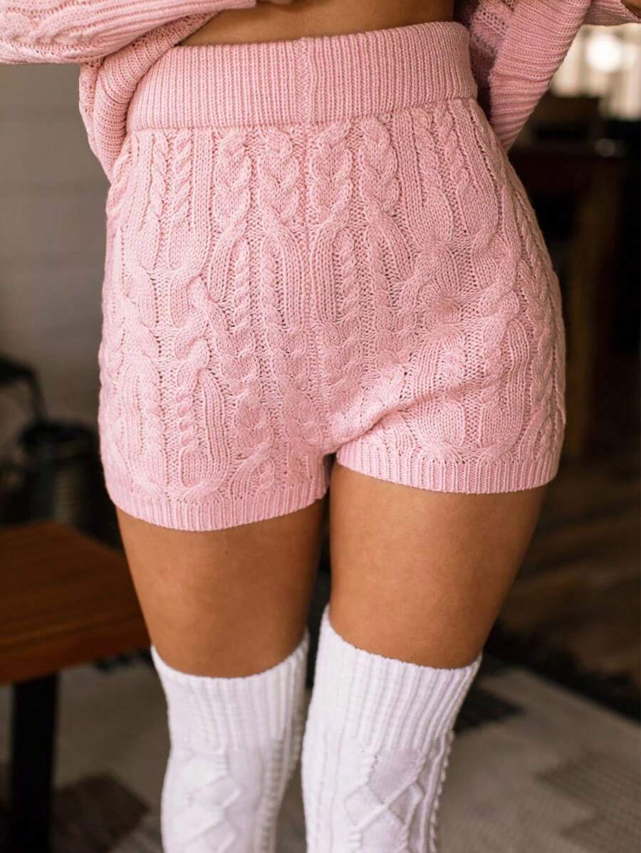 INAWLY Quần short dệt kim lưng cao màu trơn thông thường dành cho nữ - Hồng - Xem 1