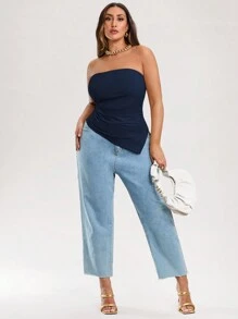 SHEIN BAE Plus Size Nữ Ống Top Màu Be Co Giãn Dệt Kim Chặt Xù Lông Thiết Kế Bất Đối Xứng Viền Áo Tank Top - Màu xanh hải quân - Xem 1