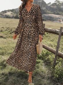 EMERY ROSE 女士 V 领长袖豹纹连衣裙，休闲和假日长款女装 - 彩色 - 查看 7