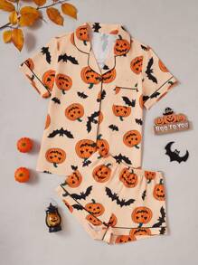 Halloween Pumpkin & Bat Print Collared Short Sleeve Pajama Set - Multicolor - View 1