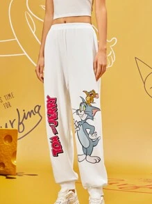 TOM & JERRY X SHEIN Women's Casual Cartoon & Letter Print Elastic Waist Jogger Sweatpants FALL Trousers White - White - View 1