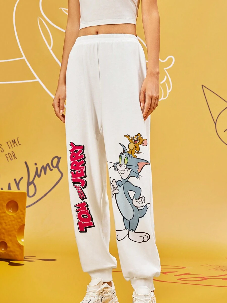 TOM & JERRY X SHEIN Women's Casual Cartoon & Letter Print Elastic Waist Jogger Sweatpants FALL Trousers White - White - View 1