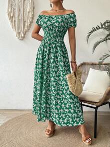 SHEIN VCAY 女士方领 A 字型浪漫度假花卉印花连衣裙，夏季 - 綠色 - 查看 3