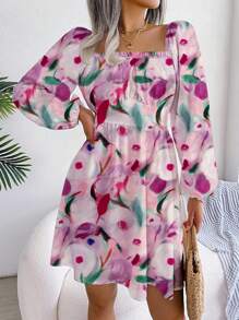 花卉印花长灯笼袖 A 字形连衣裙、方领迷你连衣裙 - 彩色 - 查看 1