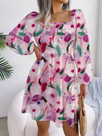 花卉印花长灯笼袖 A 字形连衣裙、方领迷你连衣裙