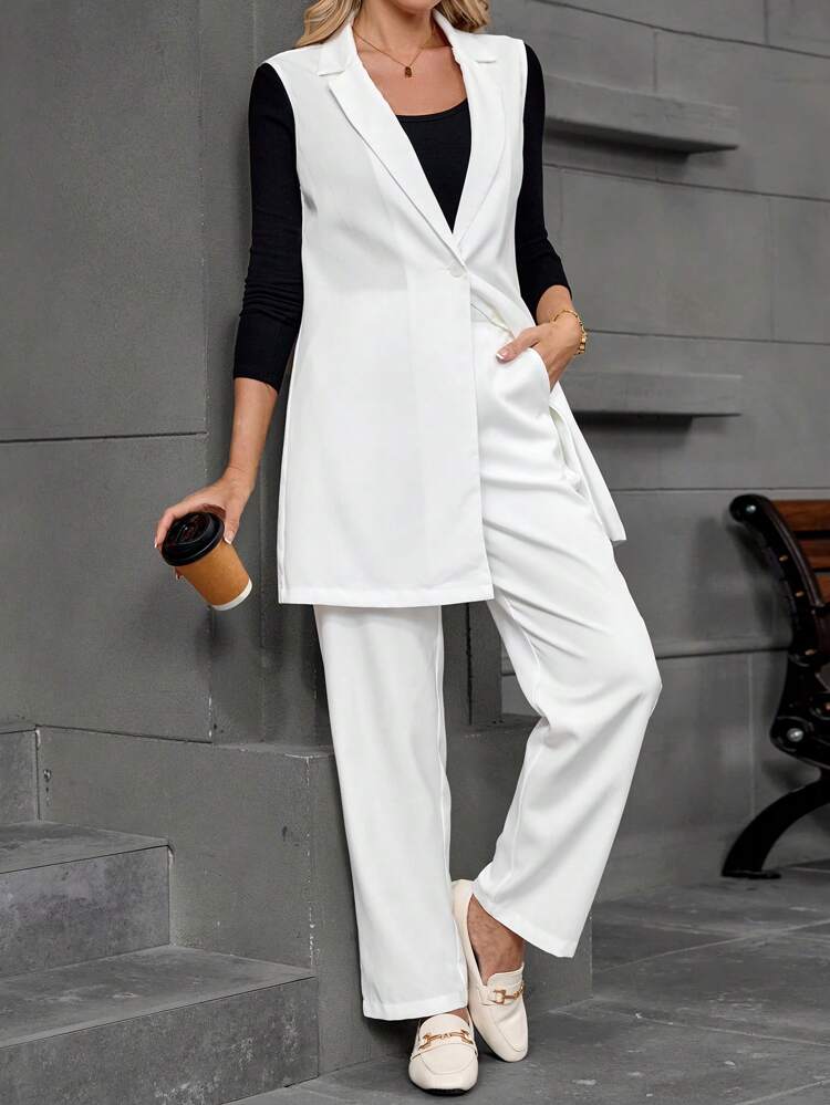 Women Spring & Autumn Plain Lapel Collar Sleeveless Blazer & Pants Elegant 2-Piece Set