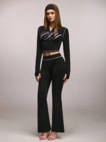 SHEIN SXY Women's Printed Wide Waistband Flare Leggings - Black - View 4