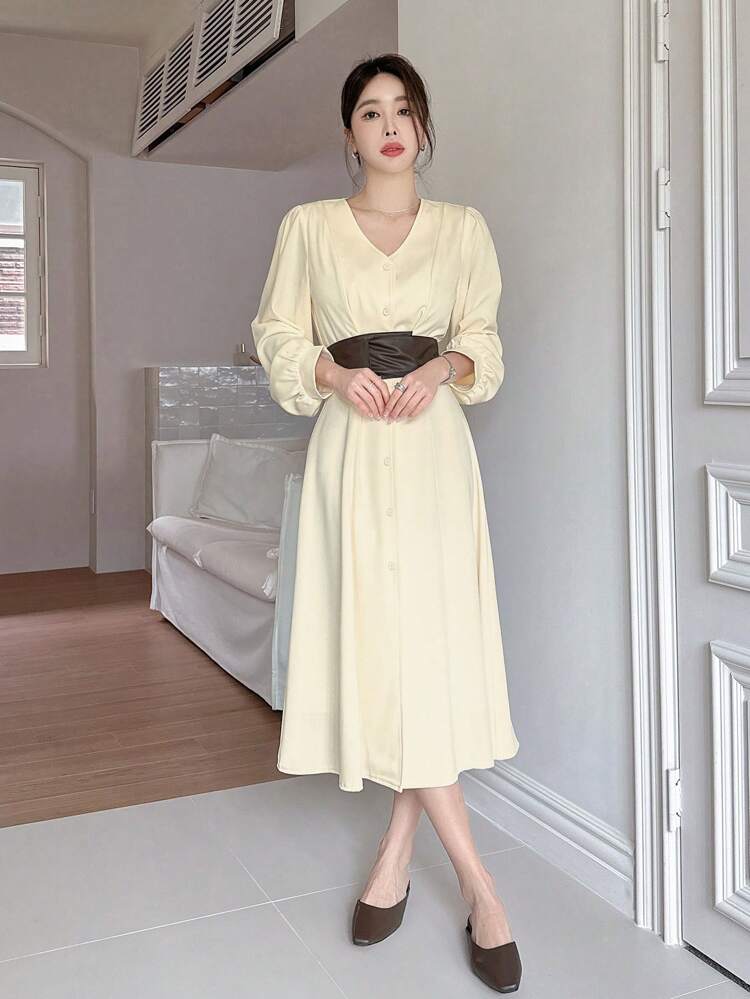 Women's V-Neck Long Sleeve Single-Breasted Maxi Casual Dress, Spring & Fall
