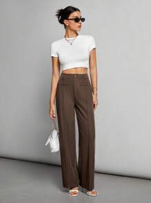 SHEIN Tall Solid Color Women's Wide Leg Straight Pants - Brown - View 4