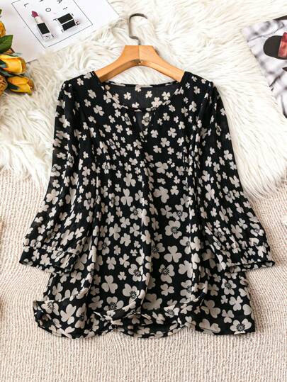 SHEIN LUNE 女士宽松三叶草印花中式领长袖衬衫，春夏