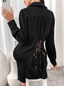 Seusyu Setelan 2 Potong Wanita Kasual Warna Polos, Kemeja Lengan Panjang dan Celana, Setelan 2 Potong Musim Semi & Gugur - Hitam - View 1