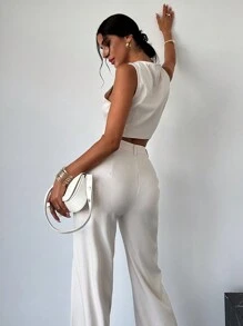 Firerie Women's Summer Casual Solid Color White Front Button Vest & Long Pants Suit Set - Apricot - View 7