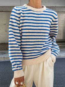 DAZY 女士休闲商务风格圆领针织毛衣，秋季女装 - 藍色 - 查看 11