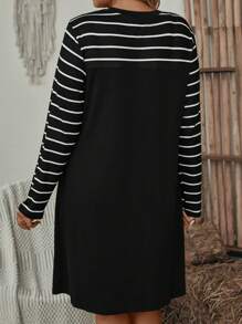 EMERY ROSE Vestido casual de manga larga con diseño de parches a rayas para tallas grandes - Negro - Ver 2
