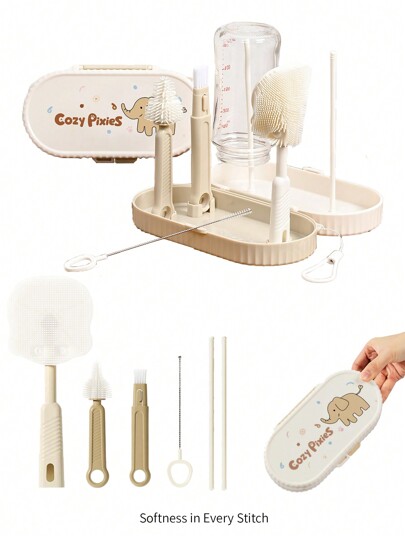 Cozy Pixies Accesorios para la alimentación con biberón Cozy Pixies, conjunto portátil de cepillo de botella de elefante