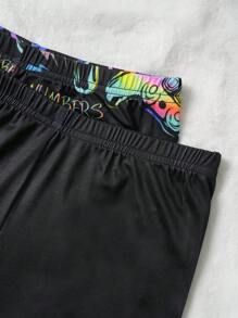 2pcs/Set Tween Boys Minimalist Glow-In-The-Dark Print Snug Fit Pajama Set (Short Sleeve Top & Shorts) - Black - View 4