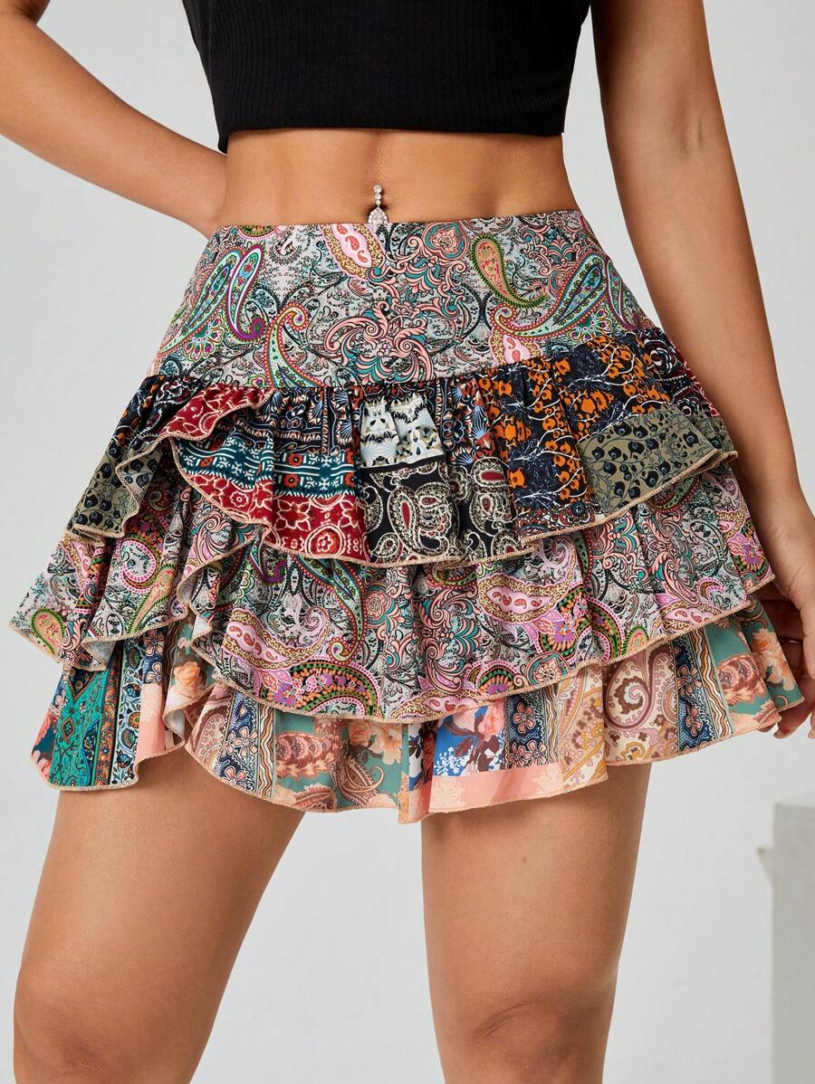 SHEIN PETITE Váy mini xếp tầng cho ngày lễ dành cho nữ, họa tiết Paisley, váy ngắn - Nhiều màu - Xem 1