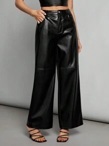 SHEIN Tall Black Date Night Solid PU Leather Straight Leg Pants - Black - View 4